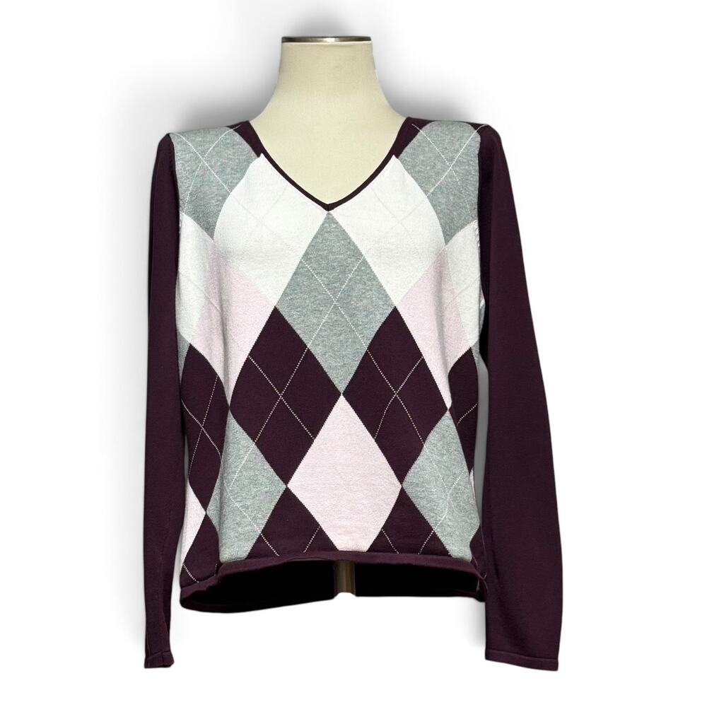 Gap Cotton V-Neck Long Sleeve Argyle Sweater Dark Purple Pink Gray White XL